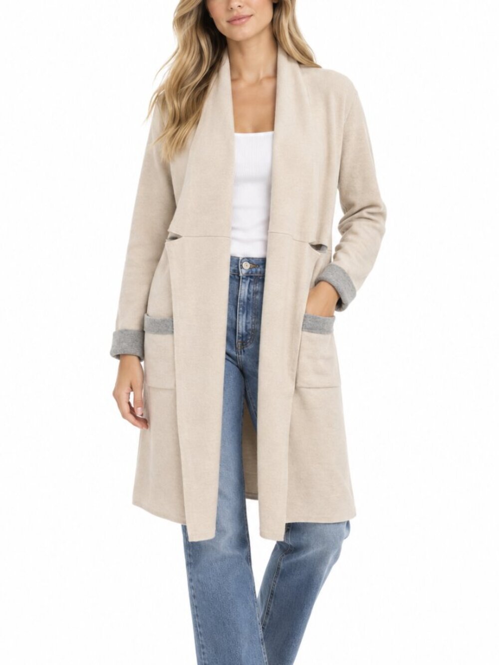 VENUS Cream & Gray Open Front Longline Cardigan Sweater Size M